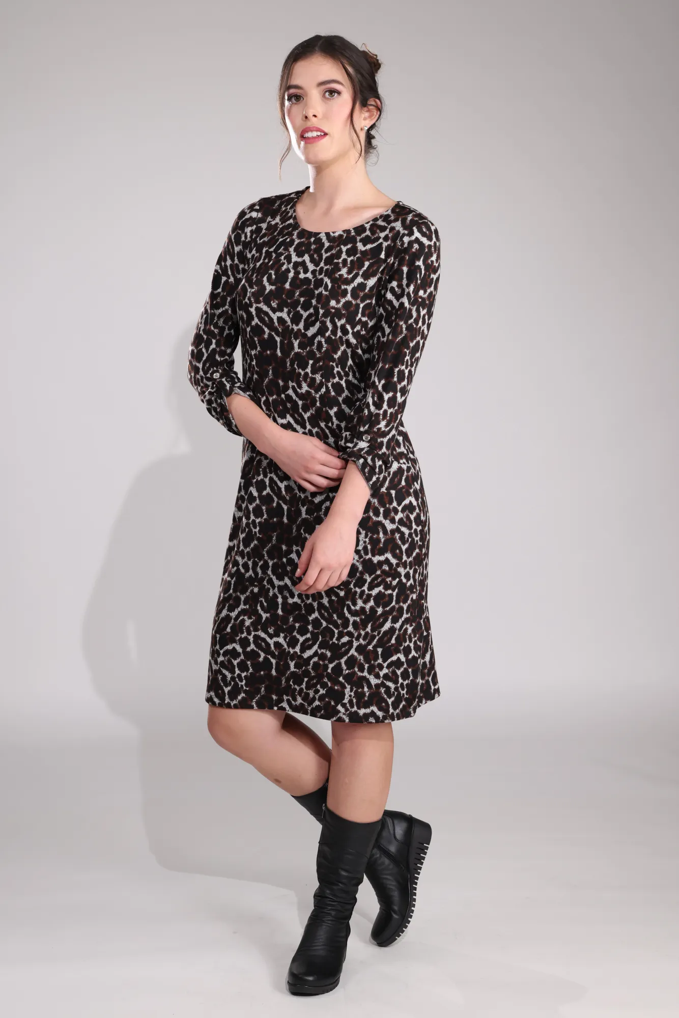 Elegant Layer Printed Warm Touch Dress | Toffee Silver Animal | 7914B1