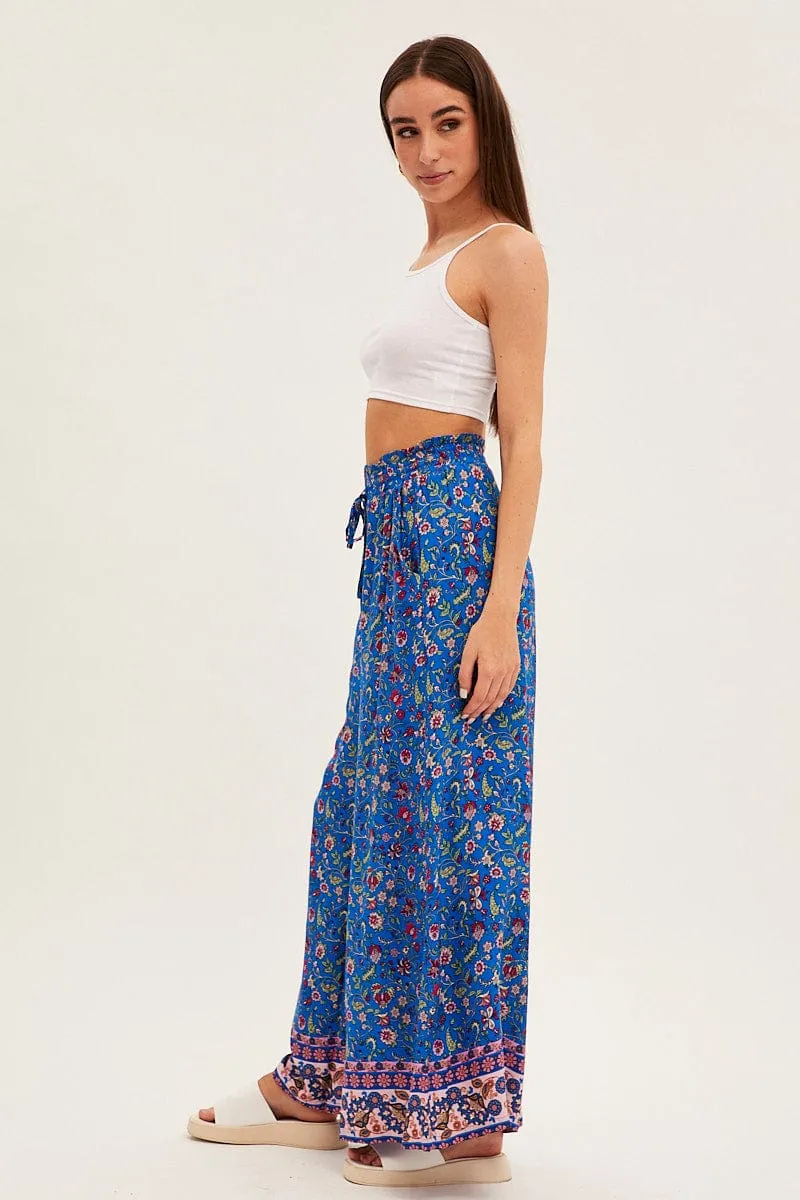 Blue Boho Wide Leg Pants High Rise ReinforcedPockets Anti Pilling Surface