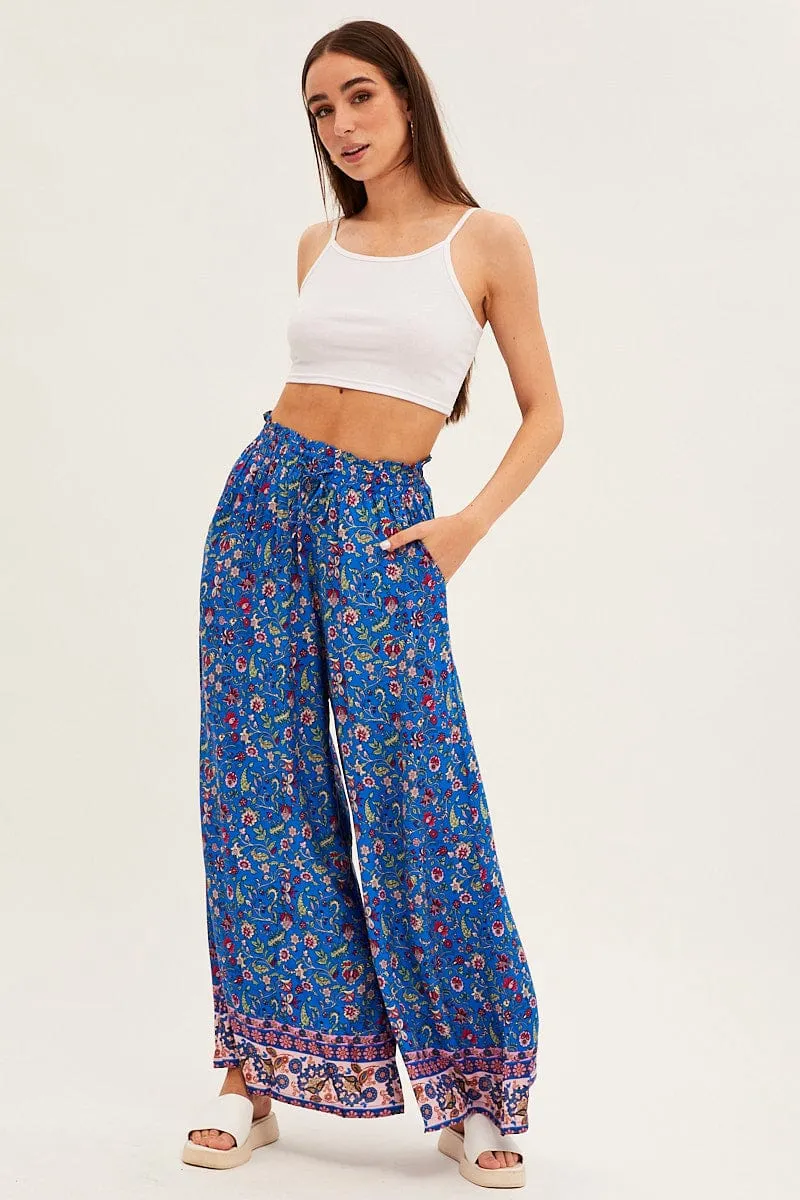 Minimal Look Flexible Knee Panels Blue Boho Wide Leg Pants High Rise