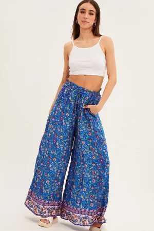 Blue Boho Wide Leg Pants High Rise Simple Utility