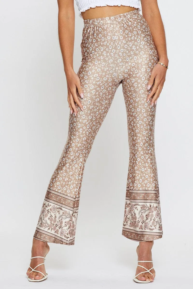Boho Print Pants Flare Leg Reinforced Seams