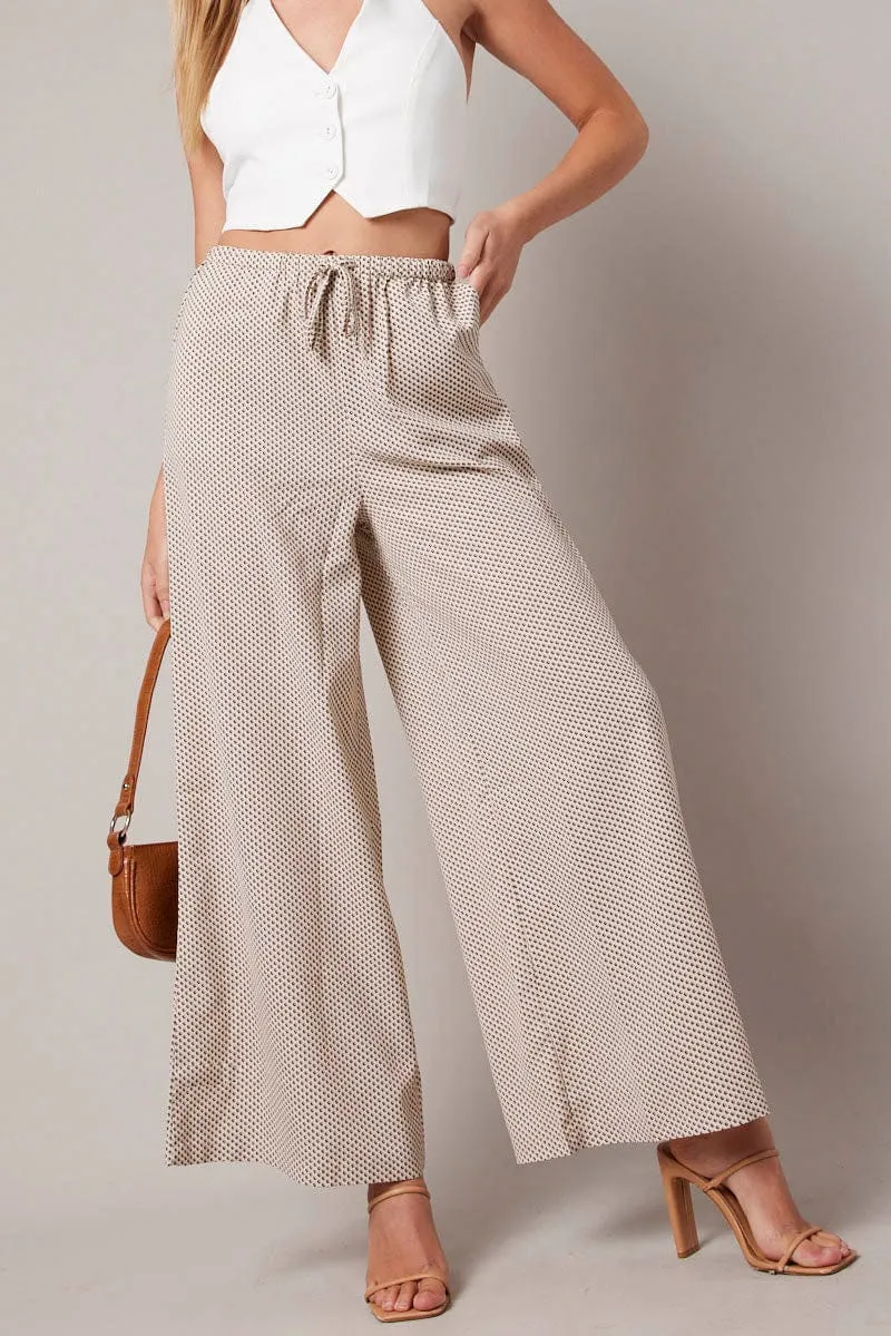 Beige Geo Wide Leg Pants High Rise Flattering Fit Chic Appeal