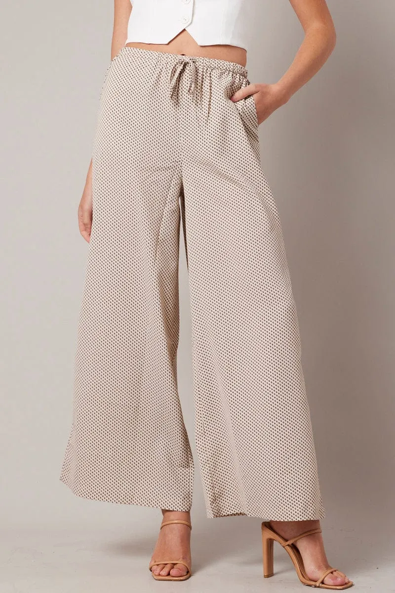 Quick Adjust Fit Beige Geo Wide Leg Pants High Rise