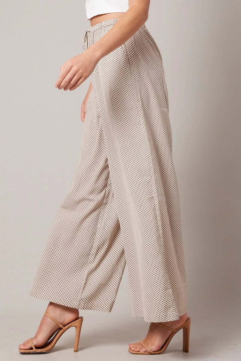 Beige Geo Wide Leg Pants High Rise SeamlessConstruction Pull-on style