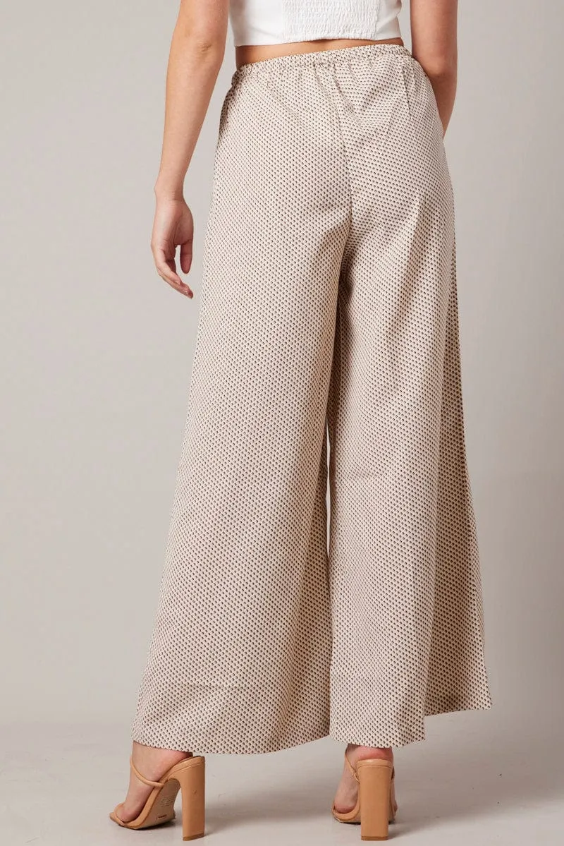 Beige Geo Wide Leg Pants High Rise StretchFabric Perfect Comfort