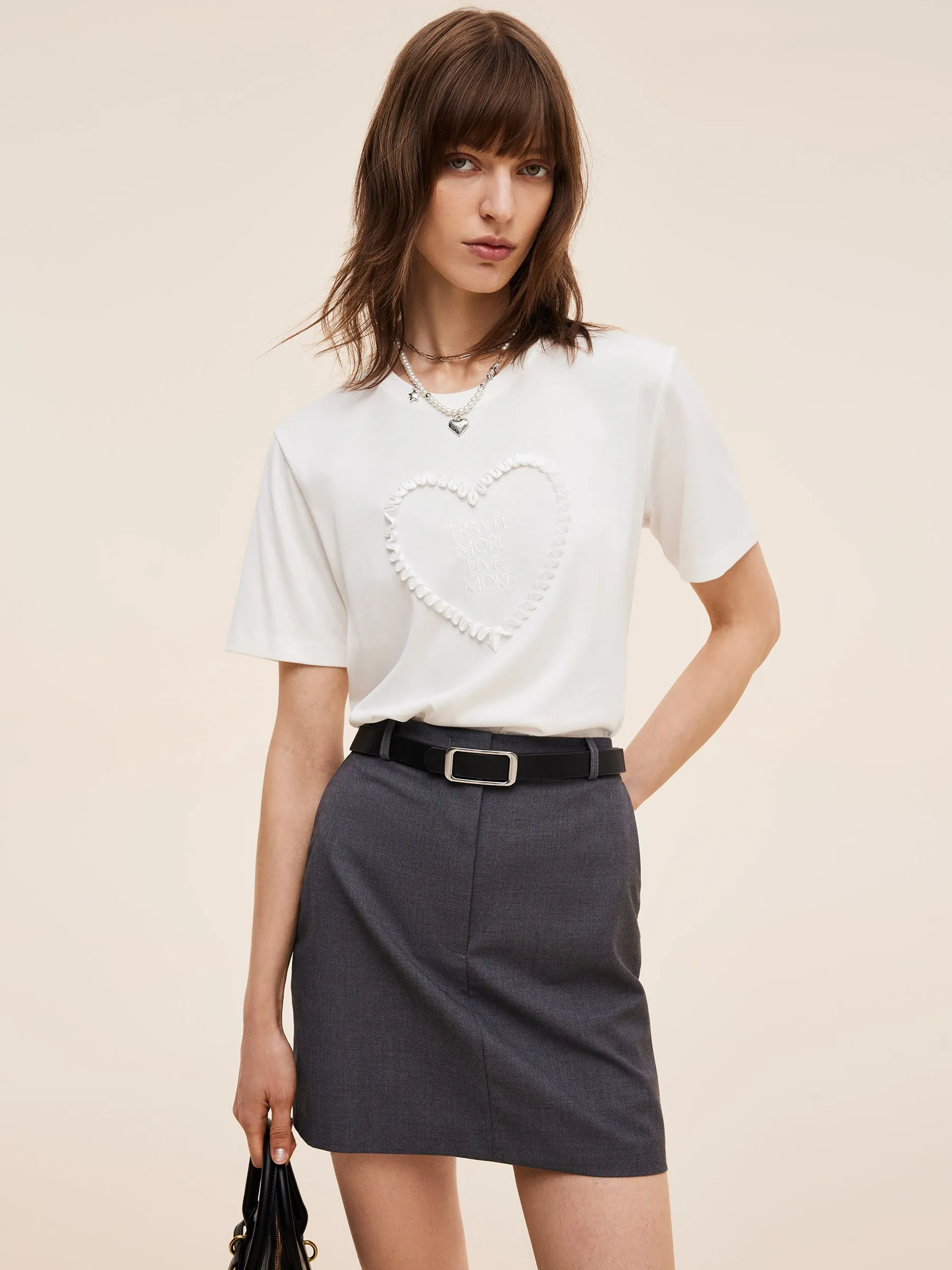 Heart And Letter Embroidered Women T-Shirt Active Lifestyle Thermal Regulating Layer