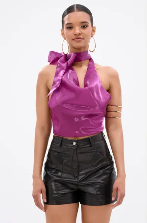 Construction - ready Battle - tested SUNSHINE COWL NECK SATIN BLOUSE IN PURPLE