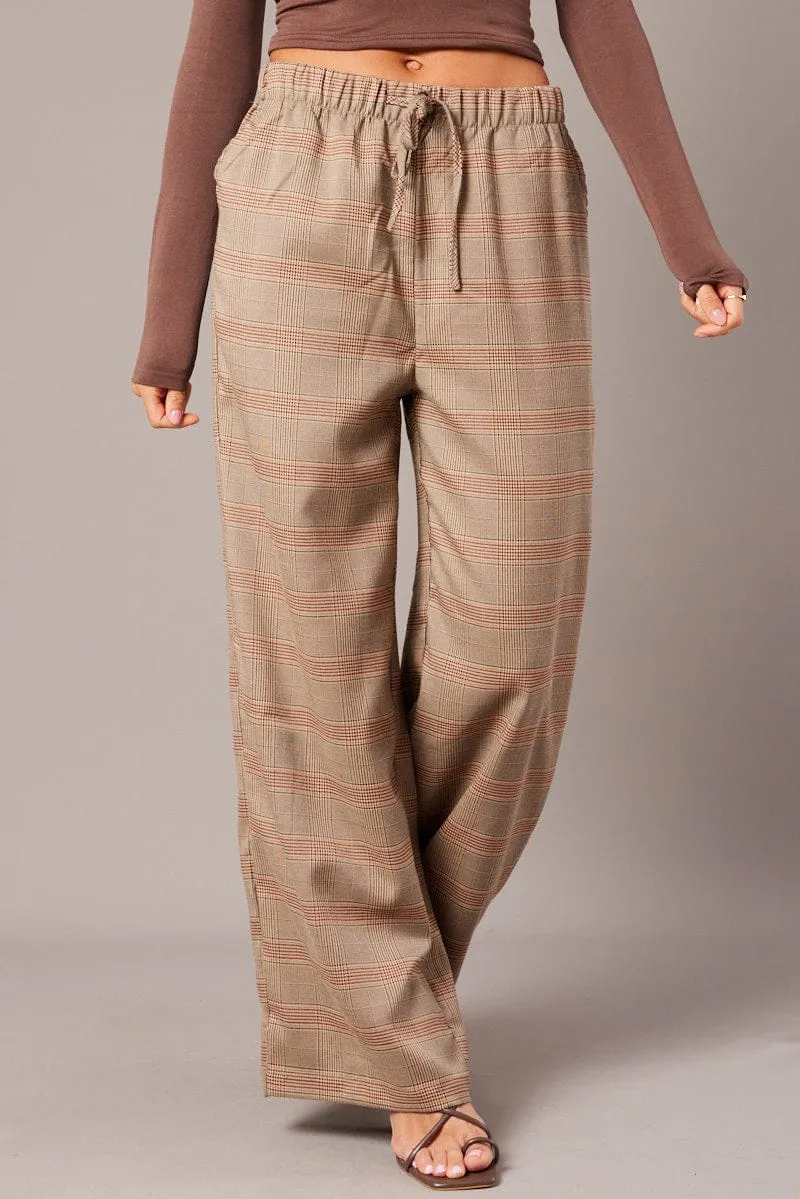 Beige Check Wide Leg Pants Elastic Waist DurableBartack Wide Leg