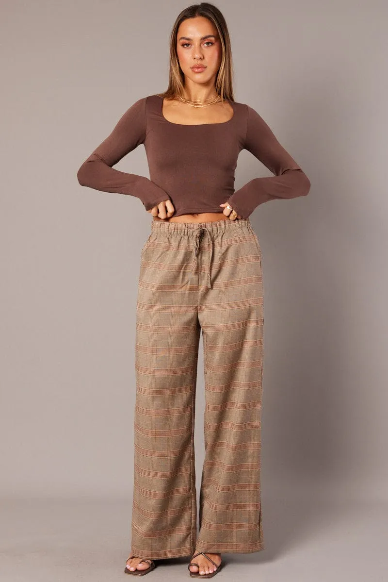 Outdoor Comfort Beige Check Wide Leg Pants Elastic Waist