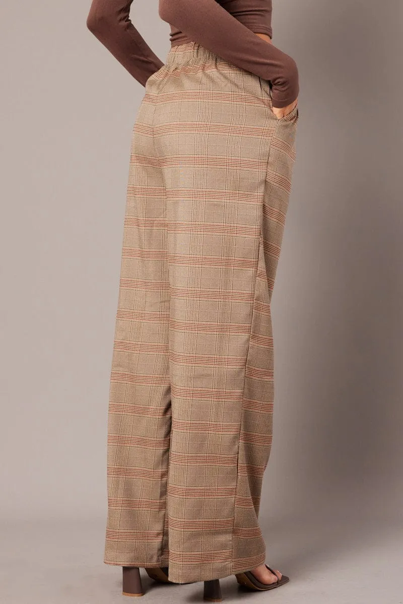 Non Clip Sporty Comfort Wear Beige Check Wide Leg Pants Elastic Waist