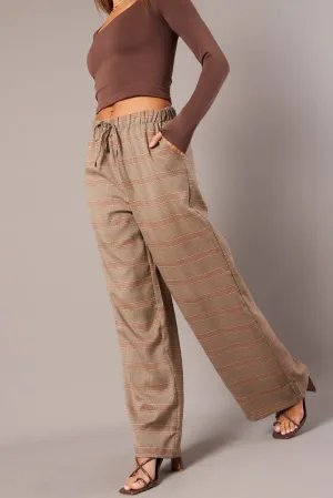 Laser cut Stylish Waistband Beige Check Wide Leg Pants Elastic Waist
