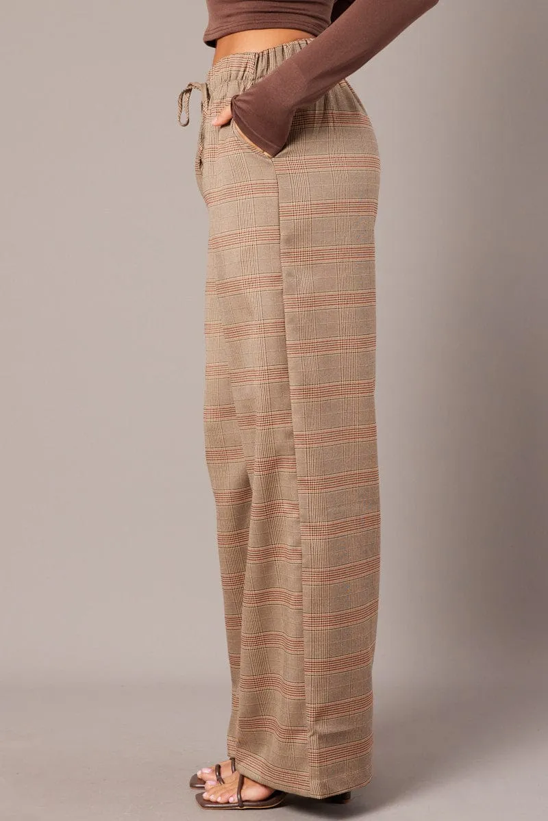 StretchMaterial Thermal Regulating Fabric Beige Check Wide Leg Pants Elastic Waist