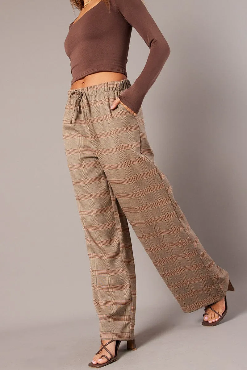 Laser cut Stylish Waistband Beige Check Wide Leg Pants Elastic Waist