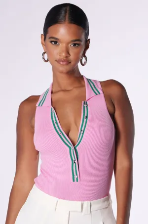 ALWAYS LUCKY RIBBED SLEEVELESS BODYSUIT IN PINK Enhanced Motion Range