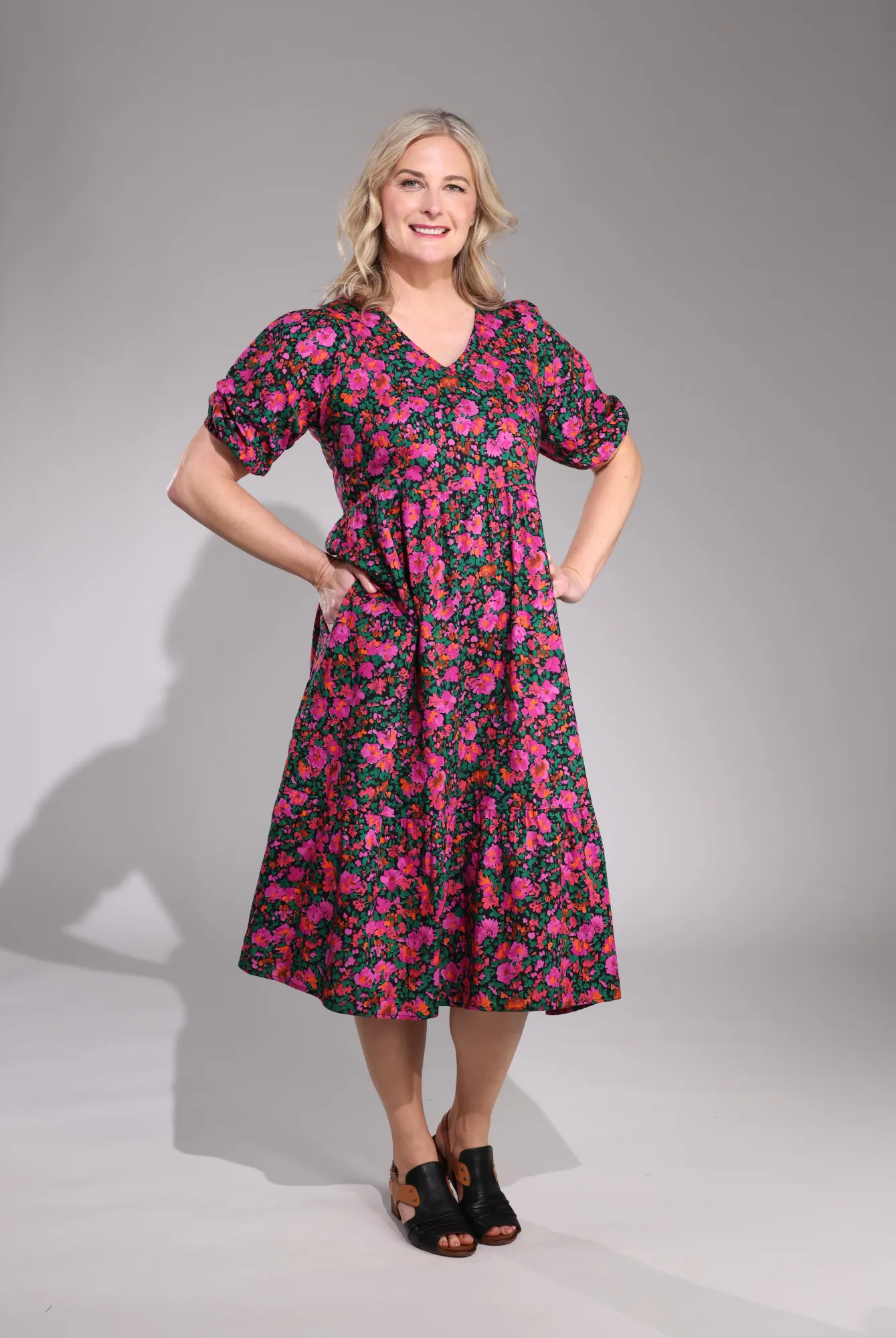 DurableThreadwork StaticFree Material Midi Sundress | Black Magenta Floral | 6521C1