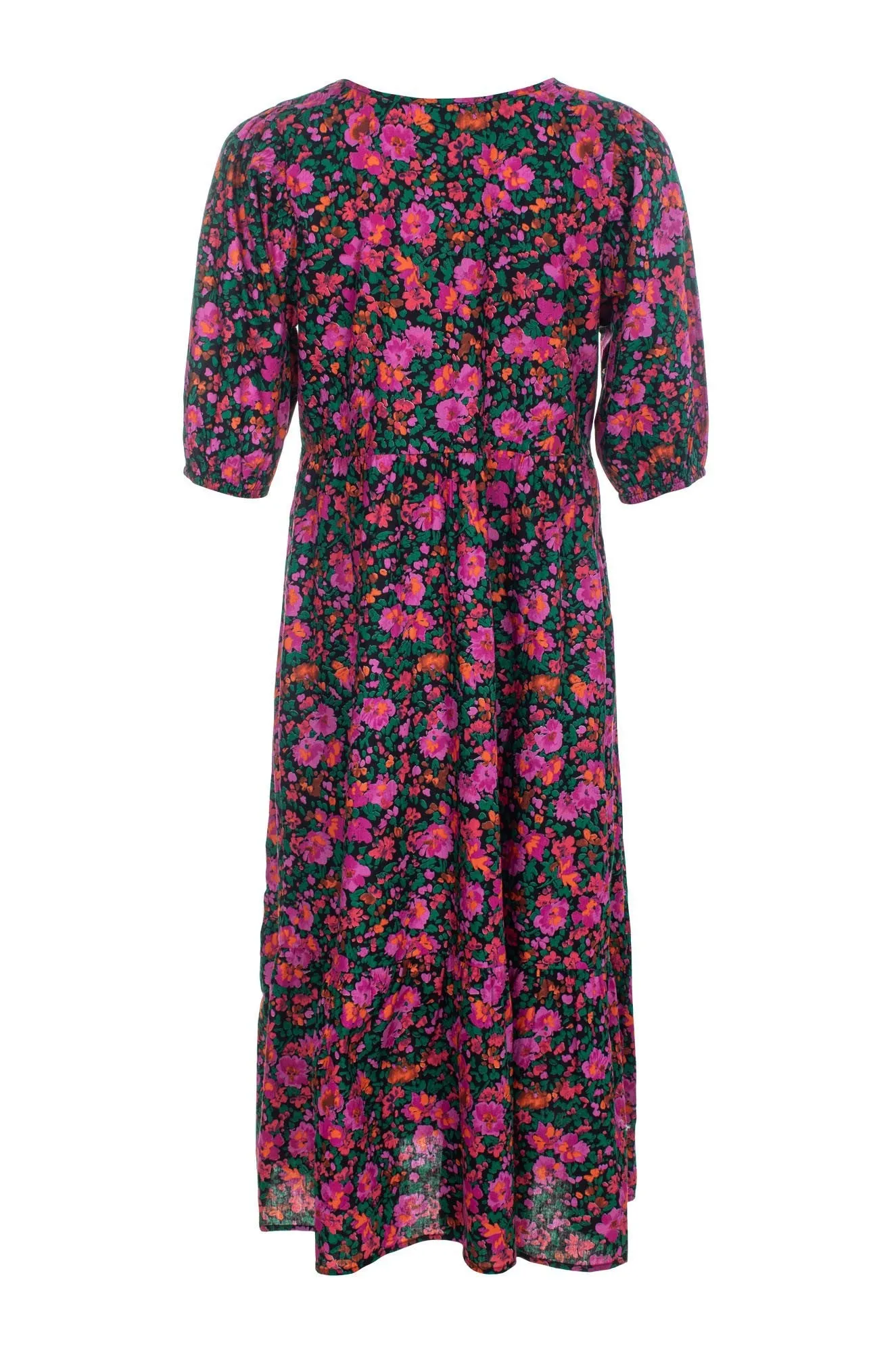Flexible Waistband Midi Sundress | Black Magenta Floral | 6521C1