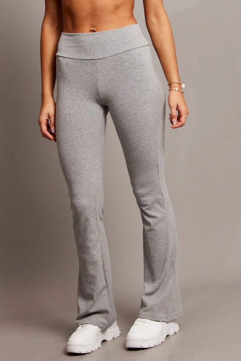 Low Bulk Material Grey Fold Back Flare Leg Pants