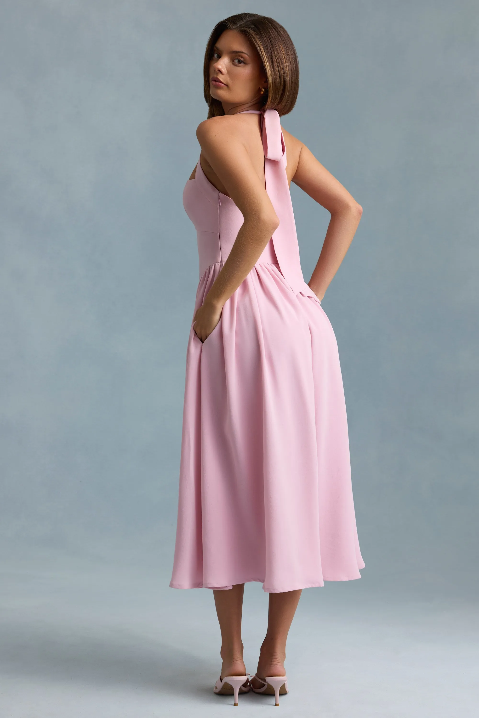 Button-Detail Halterneck Midaxi Dress in Soft Pink Timeless Blazer