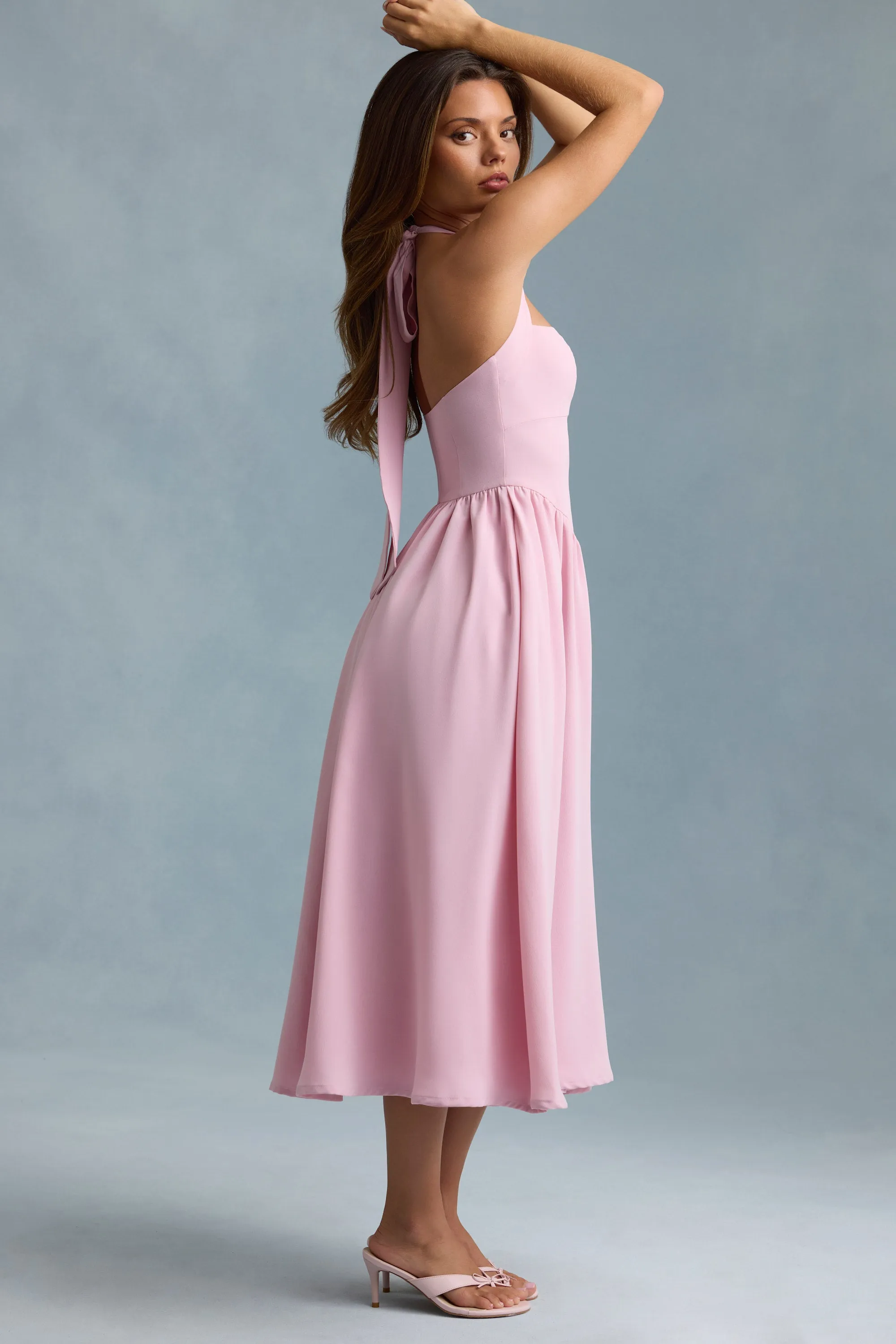 ReinforcedHems Summer Skirt Button-Detail Halterneck Midaxi Dress in Soft Pink