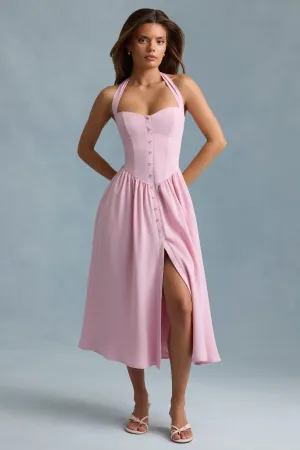 Weather resistant Button-Detail Halterneck Midaxi Dress in Soft Pink