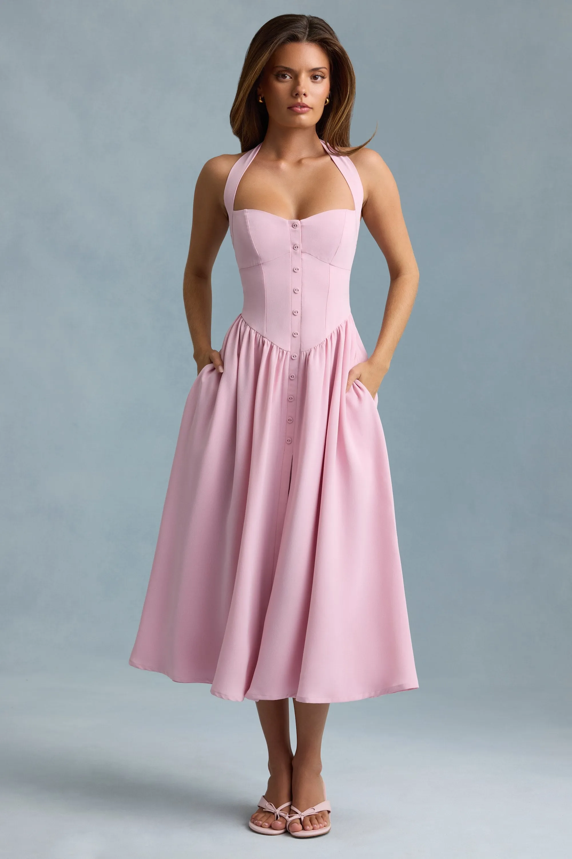 Green Fit Lightweight Vest Button-Detail Halterneck Midaxi Dress in Soft Pink