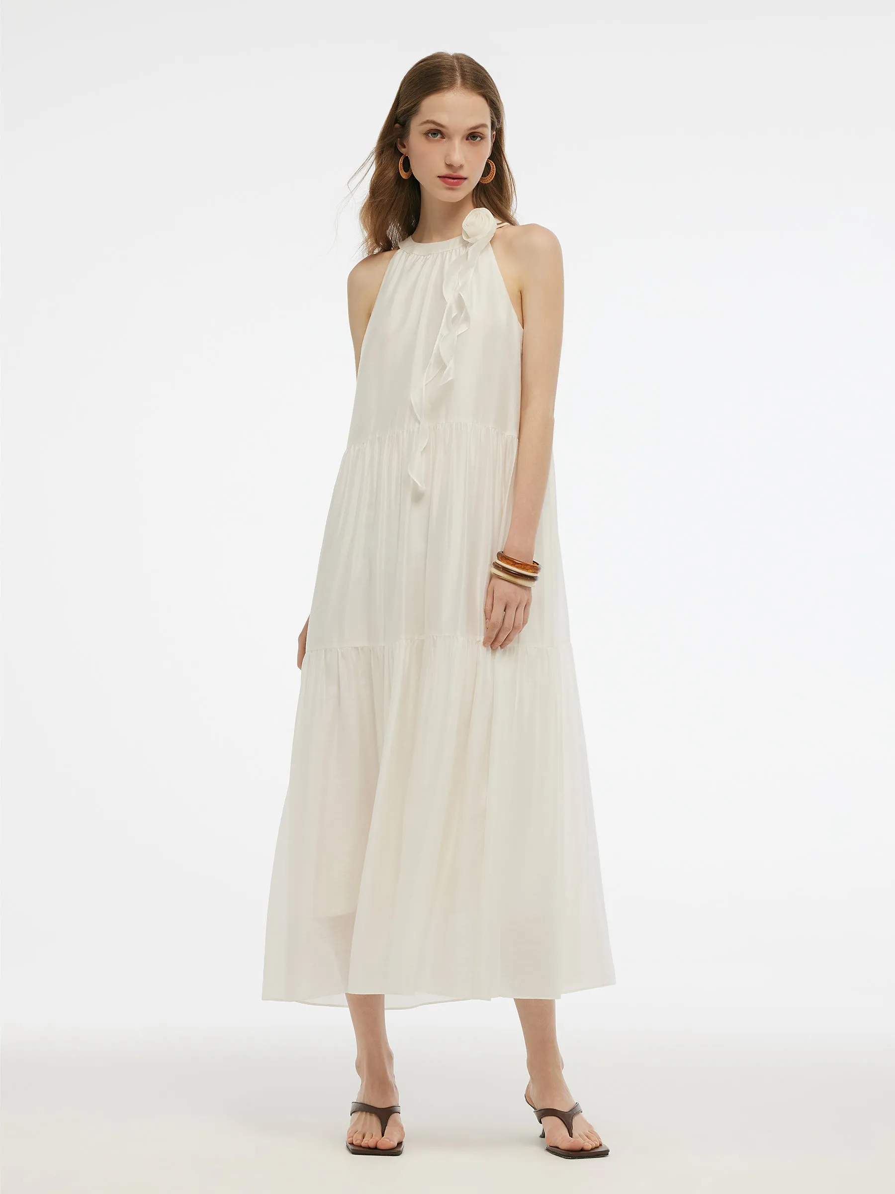 OdorResistantClothing Tencel Halter Maxi Dress With Detachable Flower