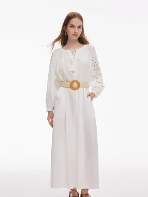 Washable fabric Sun Beam 100% Cotton Embroidered Women Long Sleeve Maxi Dress