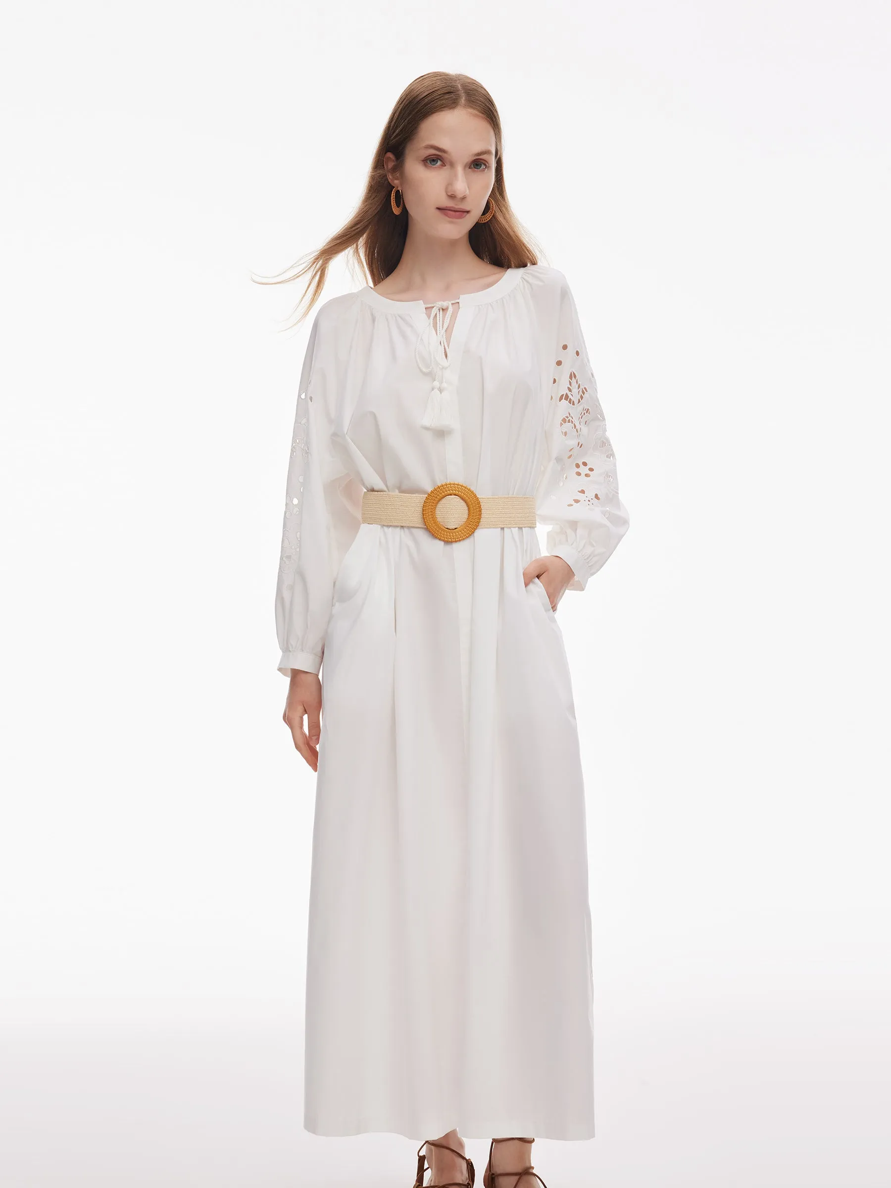 Chic Fit LowProfile Design 100% Cotton Embroidered Women Long Sleeve Maxi Dress