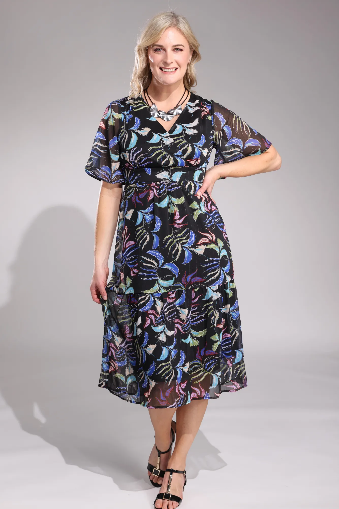 Casual Footwear All-Occasion Wear Cross over V neck Chiffon Dress | Black Multi Petal | 8557A1