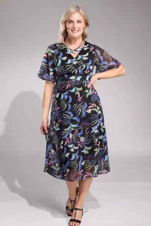 Casual Footwear All-Occasion Wear Cross over V neck Chiffon Dress | Black Multi Petal | 8557A1