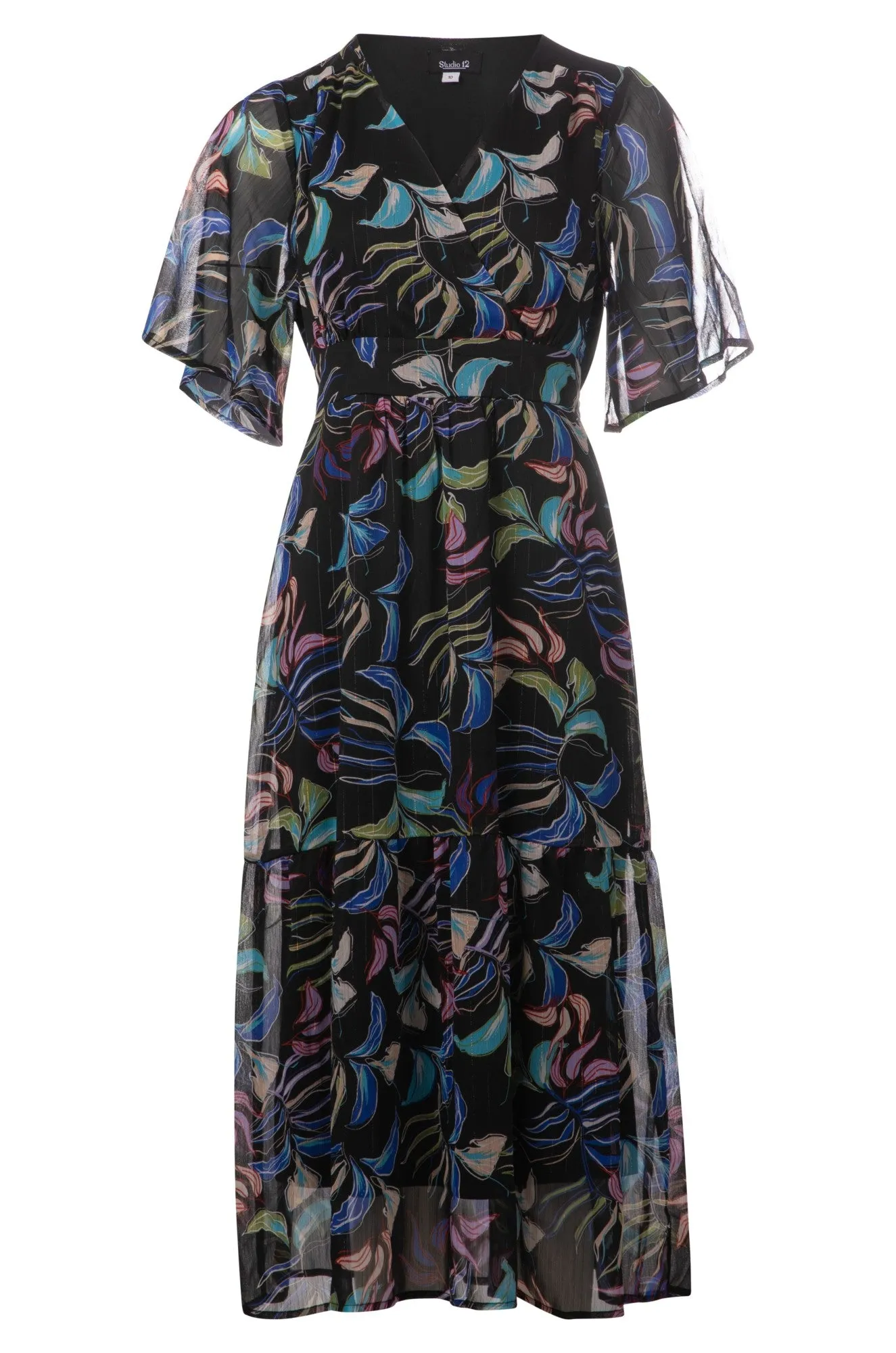 Cross over V neck Chiffon Dress | Black Multi Petal | 8557A1 BiasCut Trims NonBindingEdges