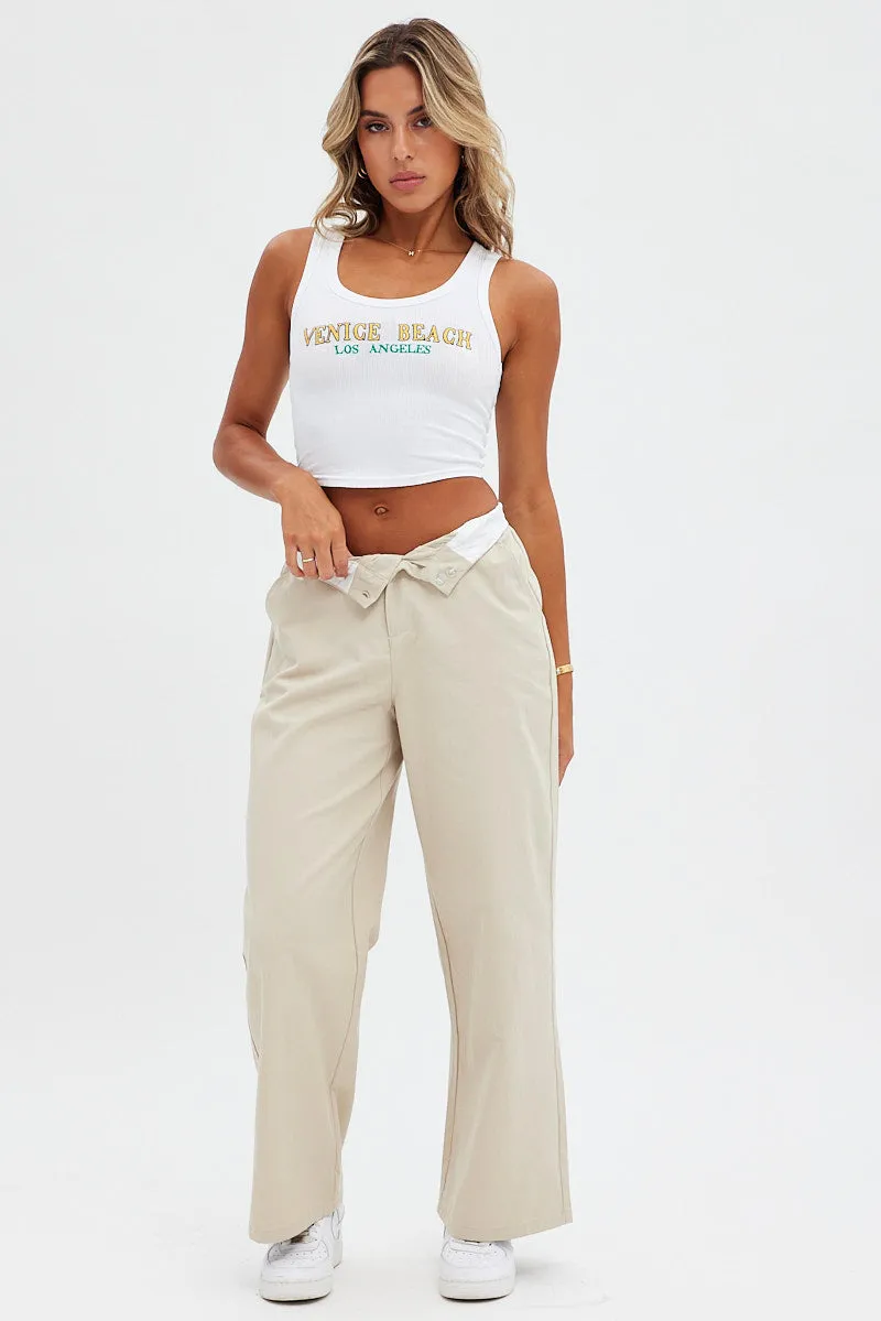 Denim finish Beige Pant Straight Leg Turned Down Waist