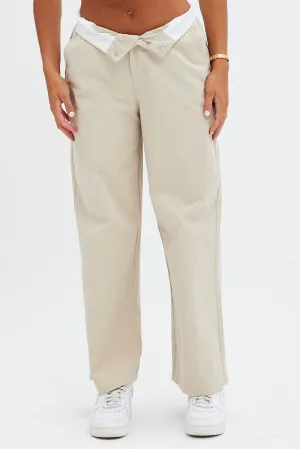 Perfect Comfort Beige Pant Straight Leg Turned Down Waist