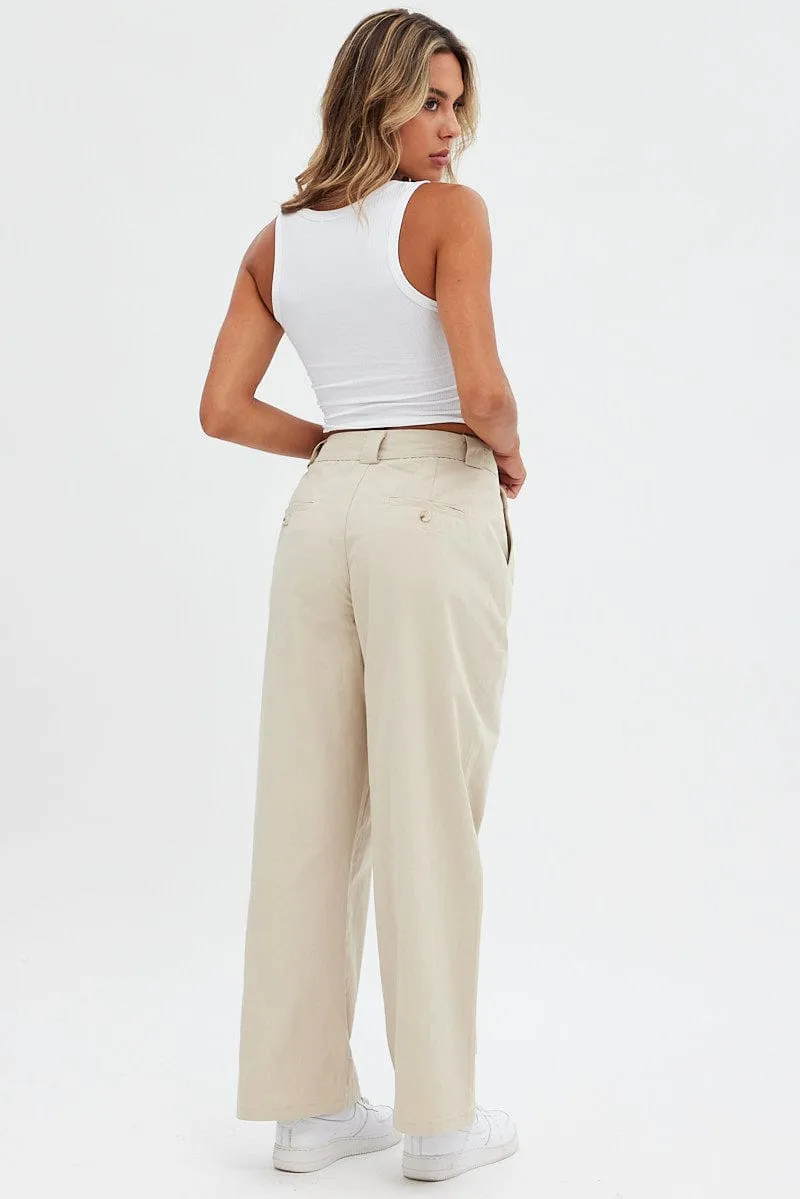 Beige Pant Straight Leg Turned Down Waist Comfy Design