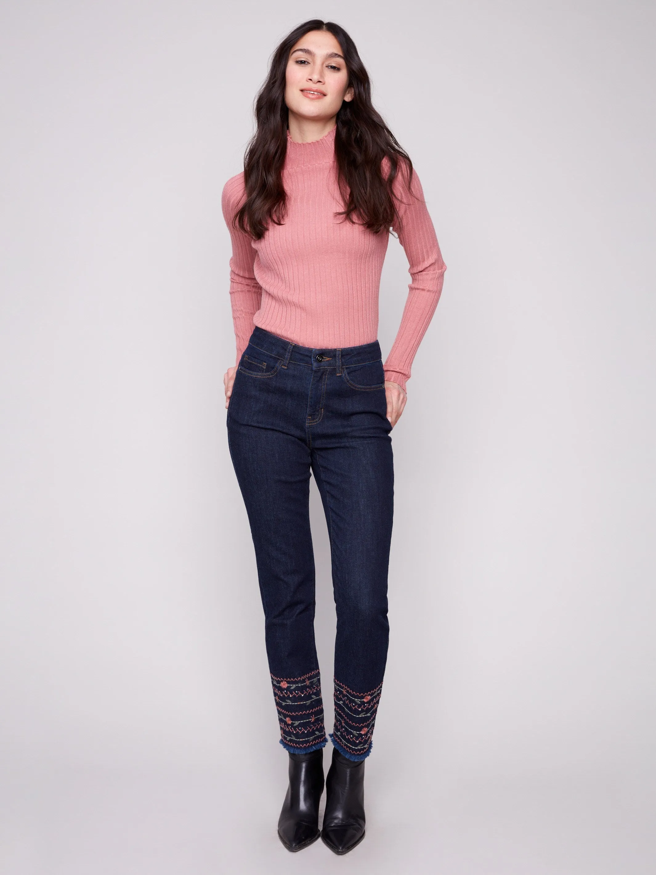 Essential Piece Embroidered Hem Jeans - Deep Blue