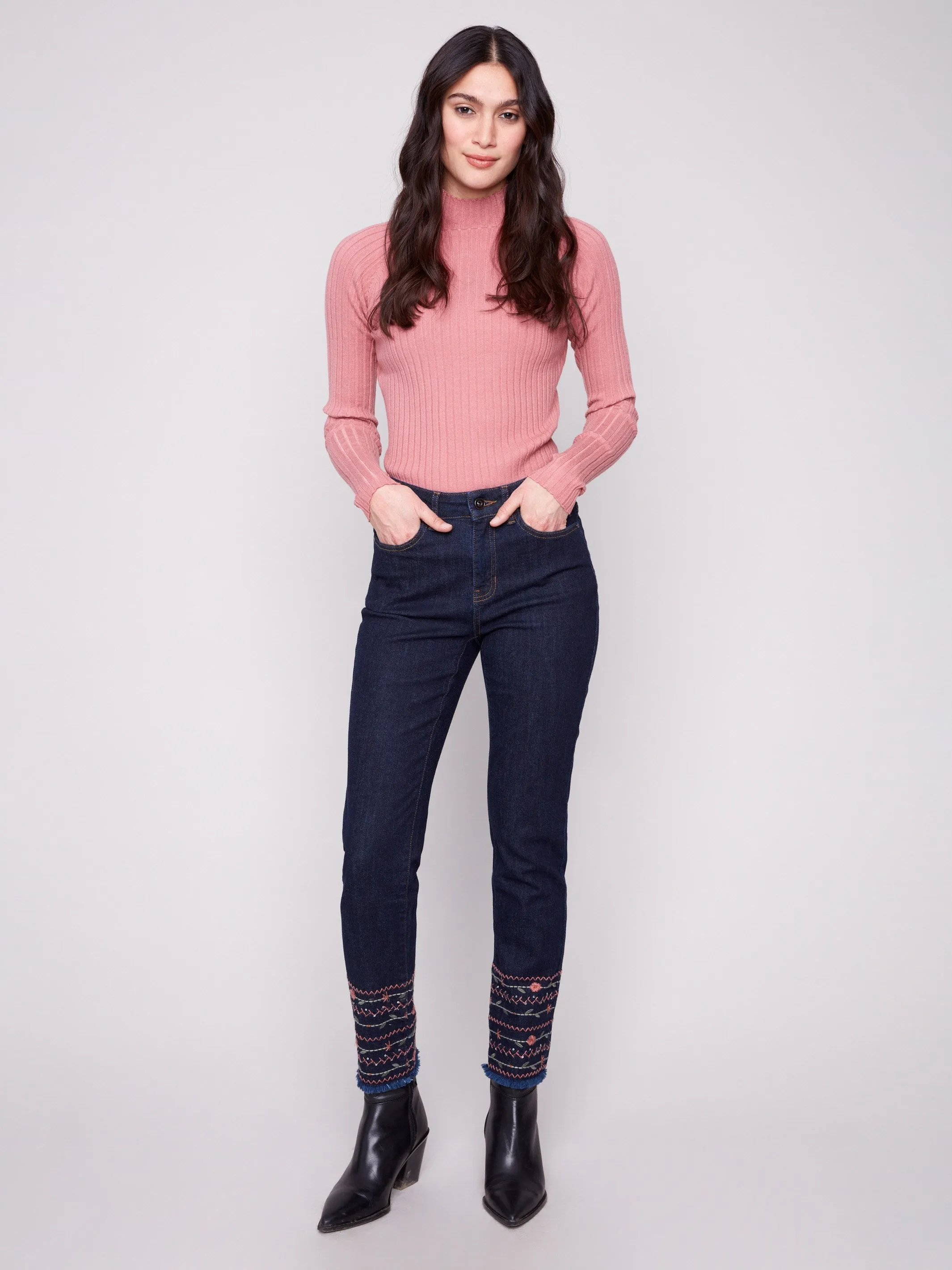 Embroidered Hem Jeans - Deep Blue Casual Element