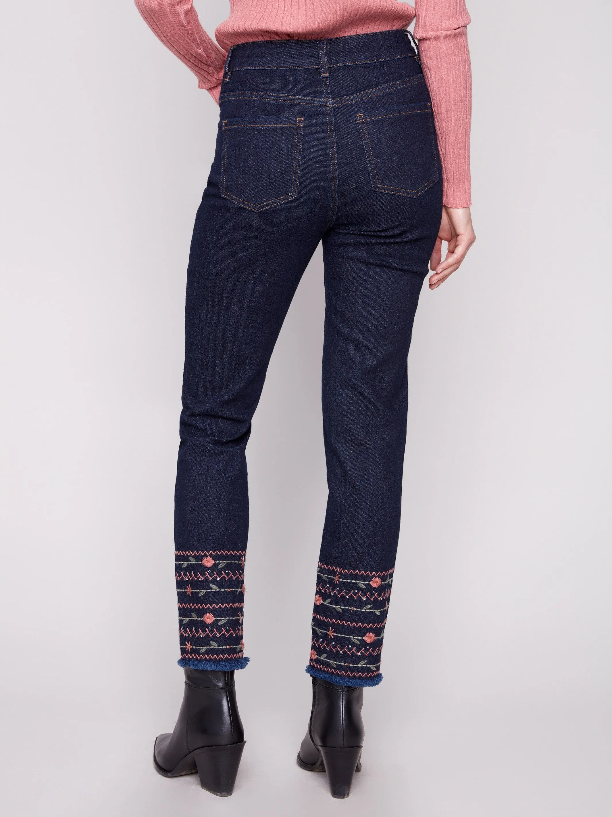 Balanced Wardrobe Casual Morning Stroll Embroidered Hem Jeans - Deep Blue