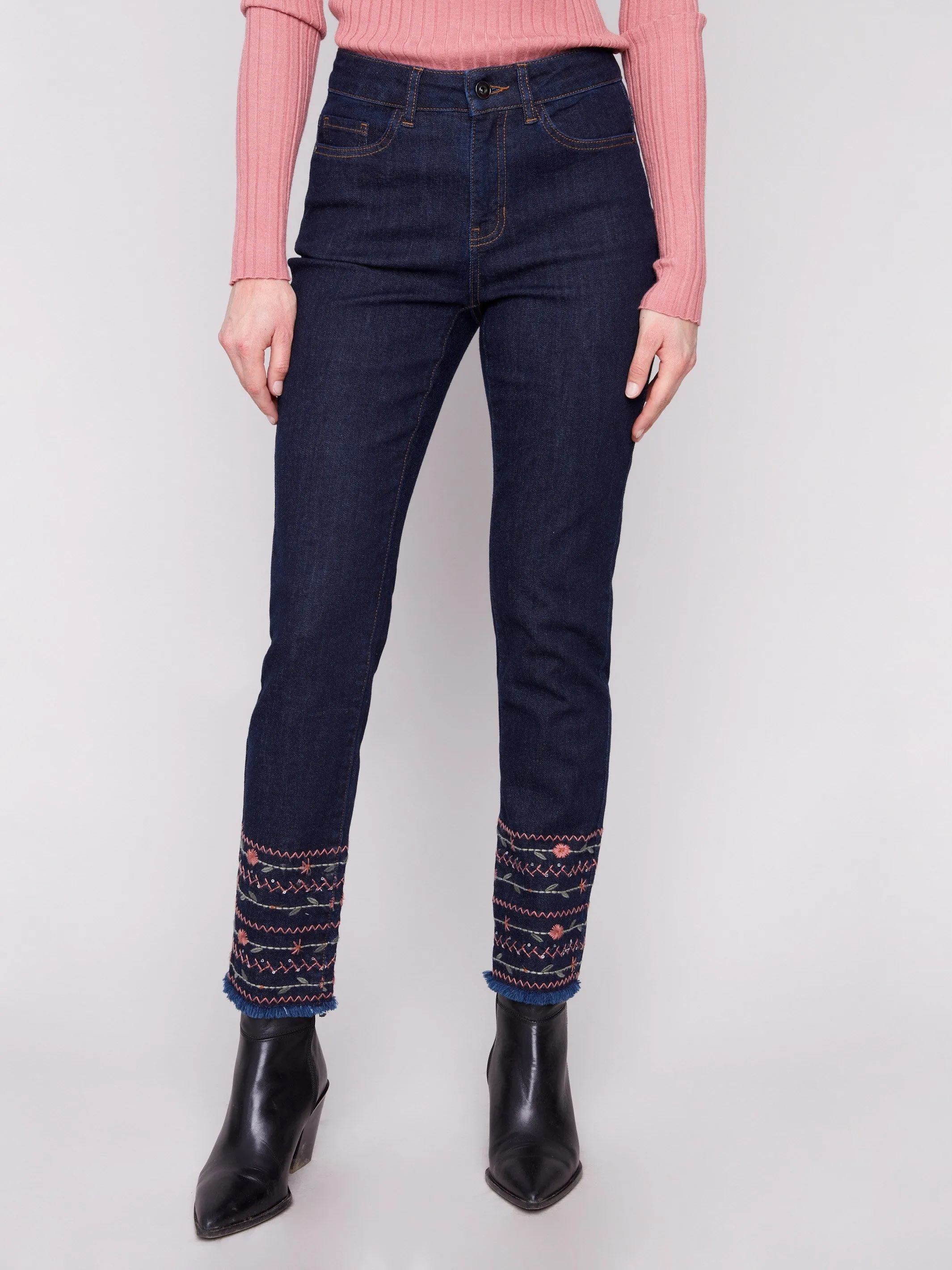 Regular Style Embroidered Hem Jeans - Deep Blue