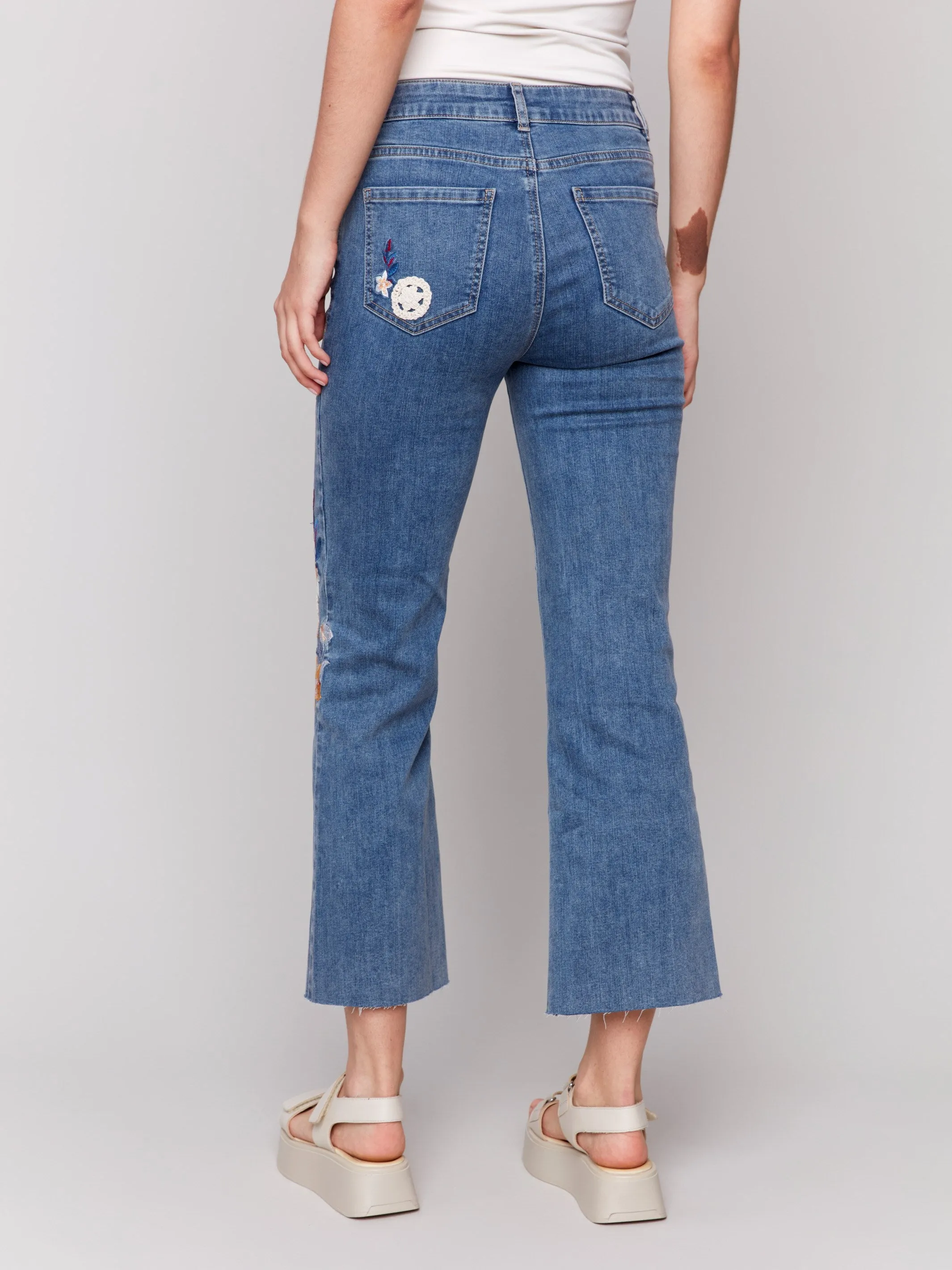 Floral Embroidered Crochet Jeans - Medium Blue Stone Wash Finish Recycled Fiber Content