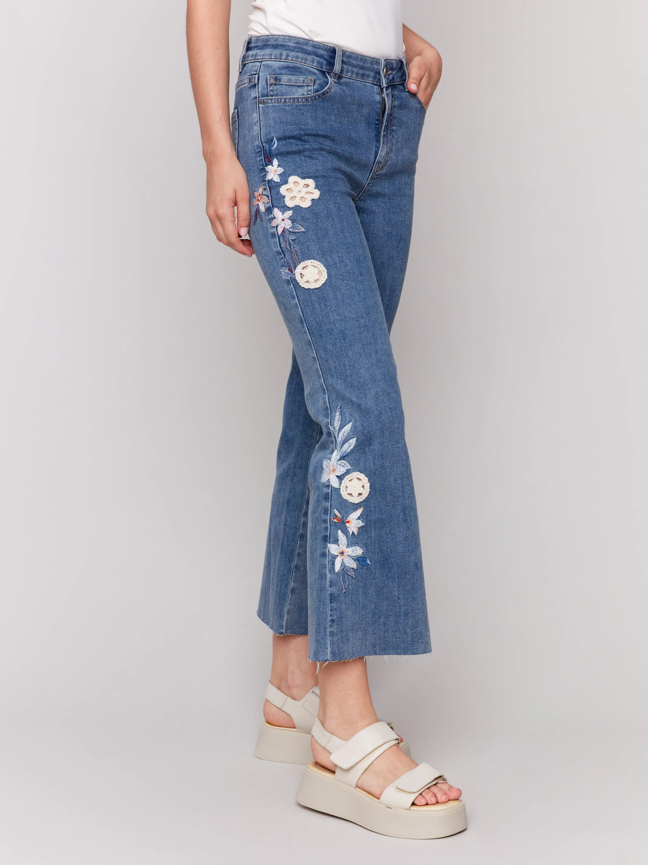 Floral Embroidered Crochet Jeans - Medium Blue Brunch Outfit Traveler Gear Breathable Lining System