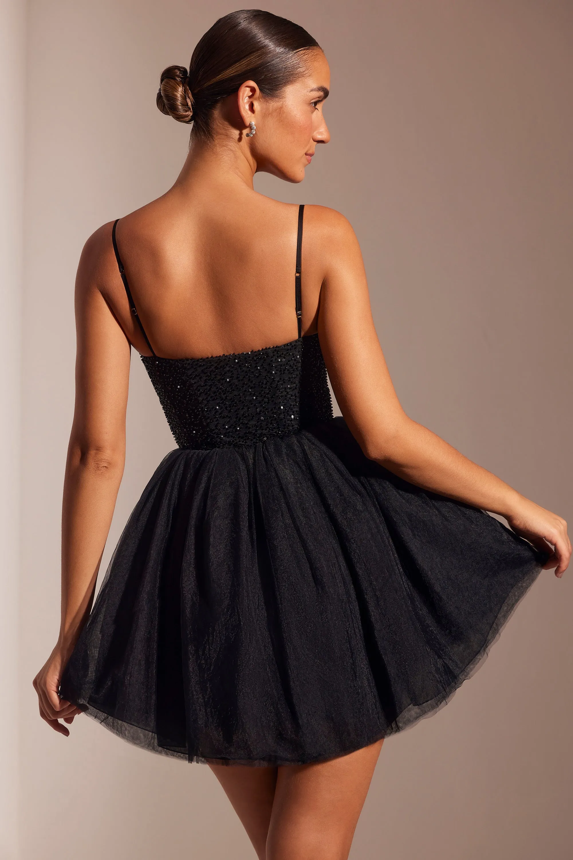 Embellished Corset Tulle Skirt Mini Dress in Black Floral Fit Light Fit