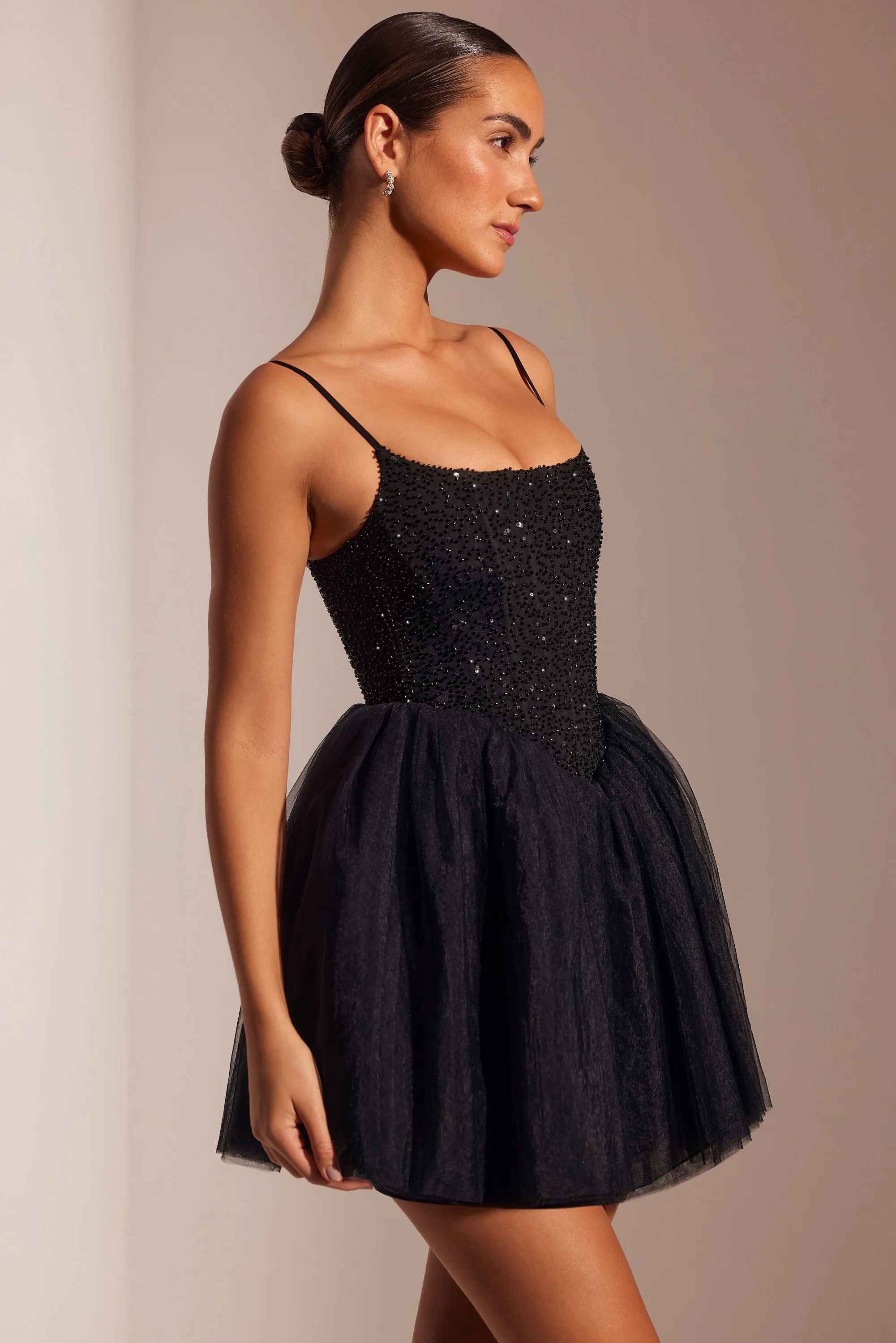 Moisture Wicking Technology Sleek Fit Embellished Corset Tulle Skirt Mini Dress in Black