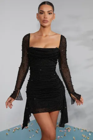 Long Sleeve Embellished Cowl Neck Mini Dress in Black Tie Back Closure System Odor Resistant Finish