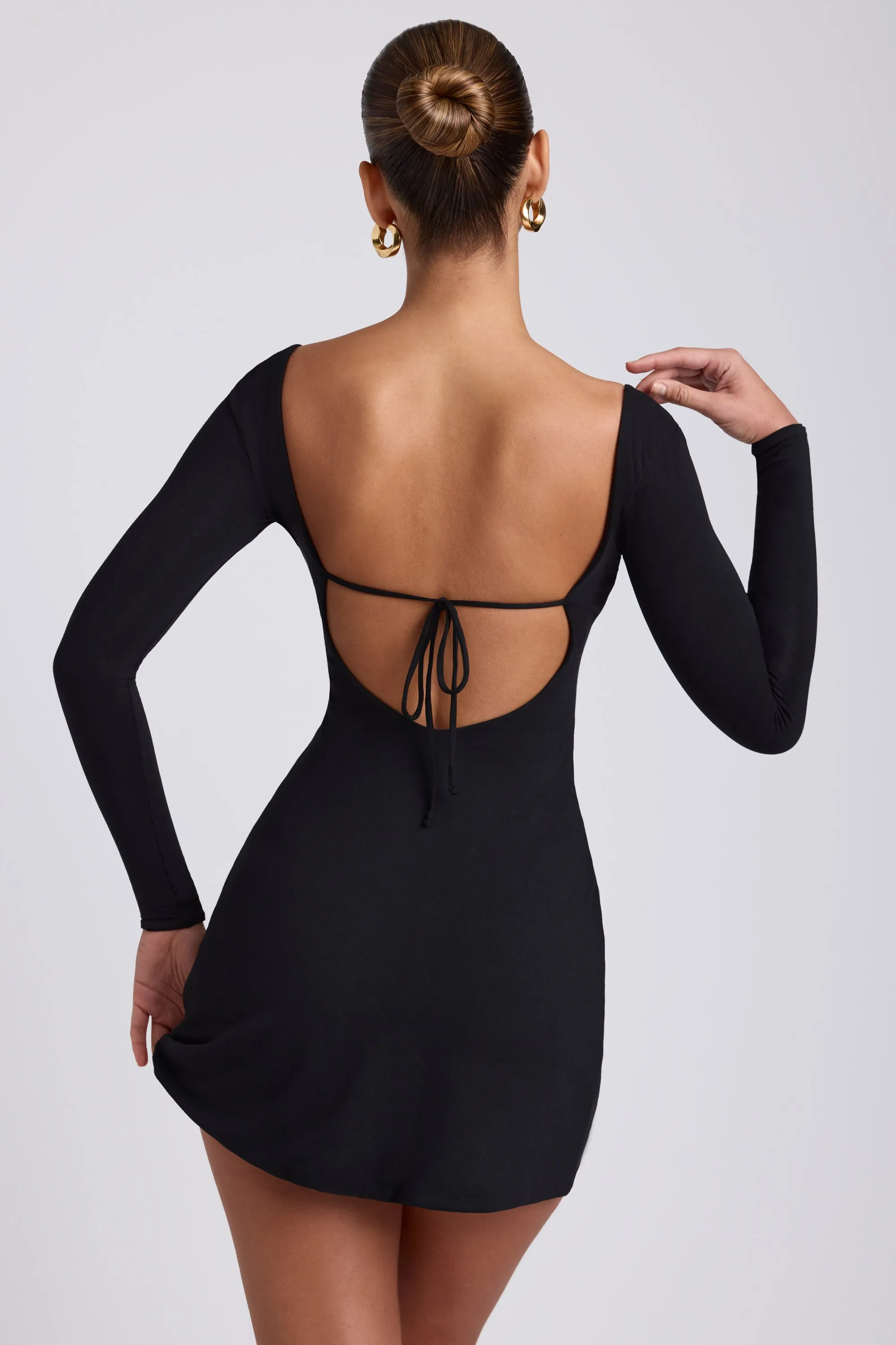 Party Rush Modal Square Neck Long Sleeve Mini Dress in Black