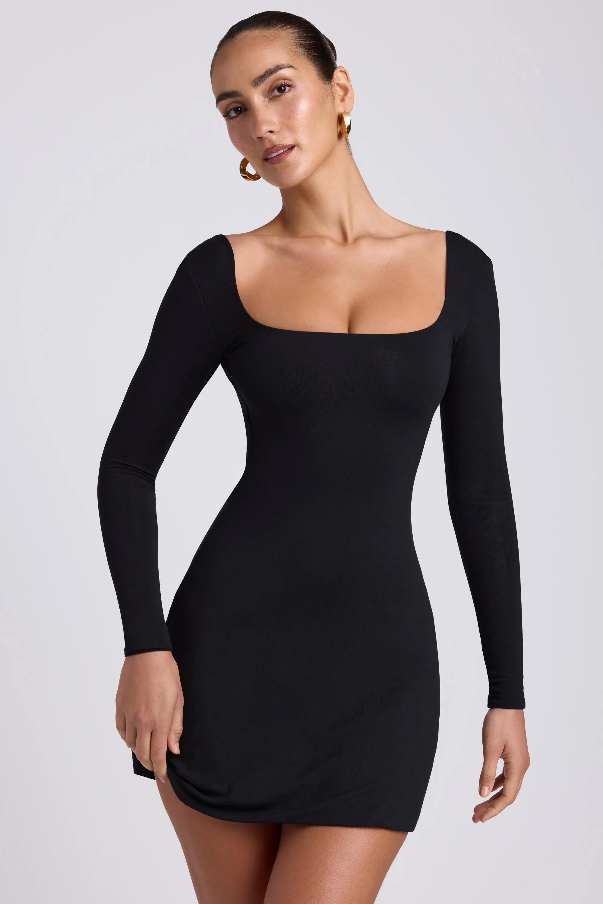 Modal Square Neck Long Sleeve Mini Dress in Black Night Sparkle Street Fashion