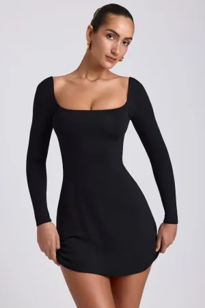 Simple Wear Modal Square Neck Long Sleeve Mini Dress in Black