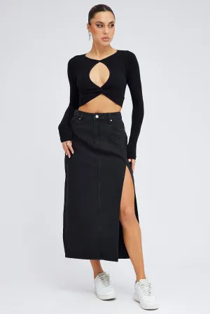 Black Maxi Skirt Mid Rise Denim Pencil Slit Tear Resistant Material Reinforced Seams