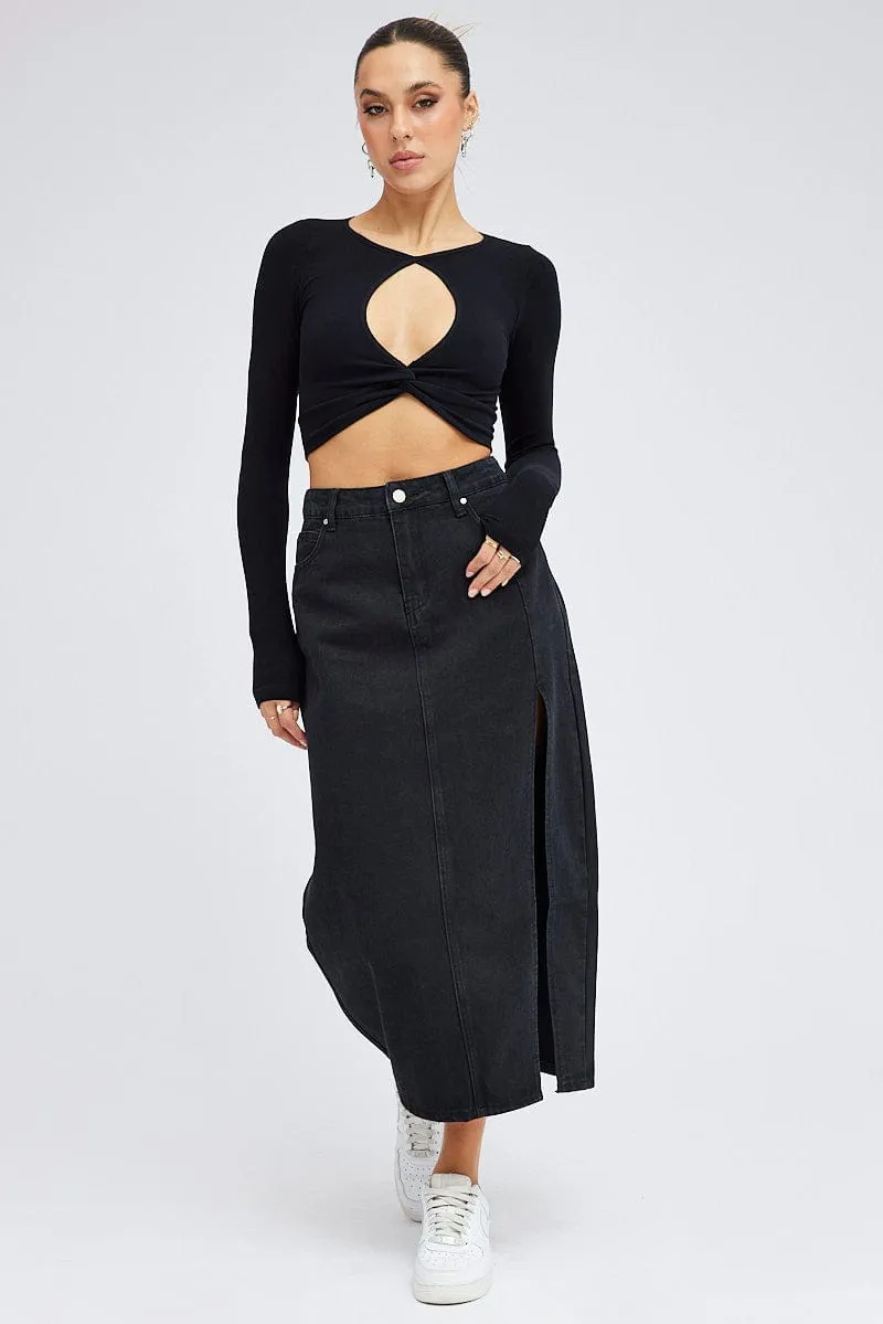 Black Maxi Skirt Mid Rise Denim Pencil Slit Anti Pilling Fabric