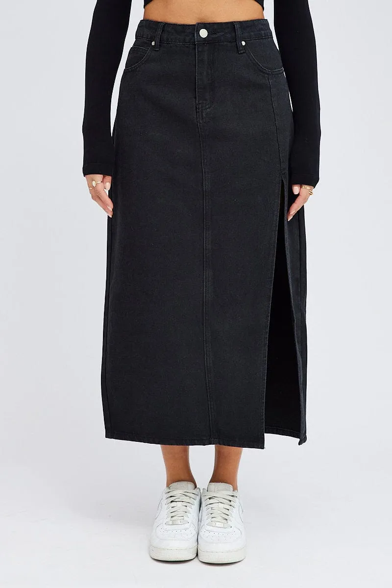 Black Maxi Skirt Mid Rise Denim Pencil Slit Laser Cut Edges Graceful Look
