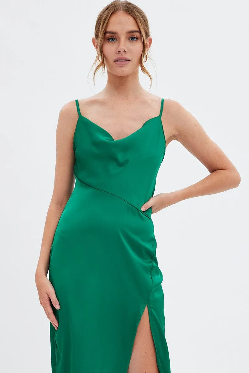 Film Night Green Cowl Neck Slip Midi Dress